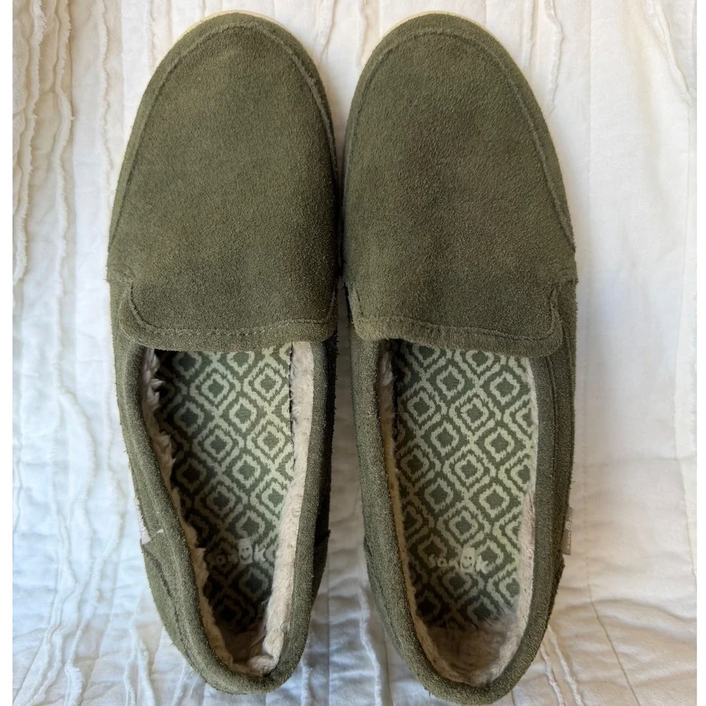 Sanuk Pair O Dice Chill Suede Slip On Olive Green Faux Fur Lined Womens 8.5